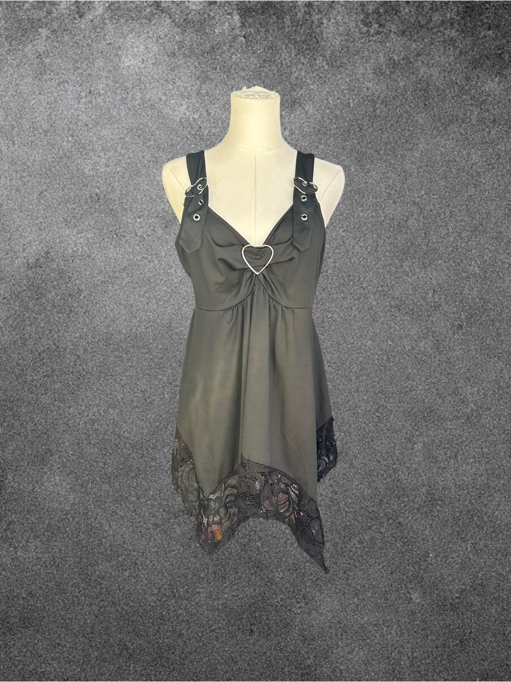 Black Heart-Accent Lace Hem Slip Dress